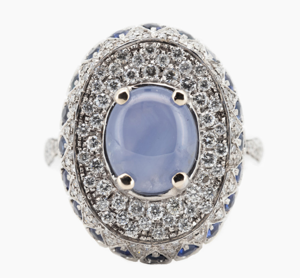 Claudia - White Gold (18K), with star natural sapphire center stone (imperial blue), and naturals diamonds