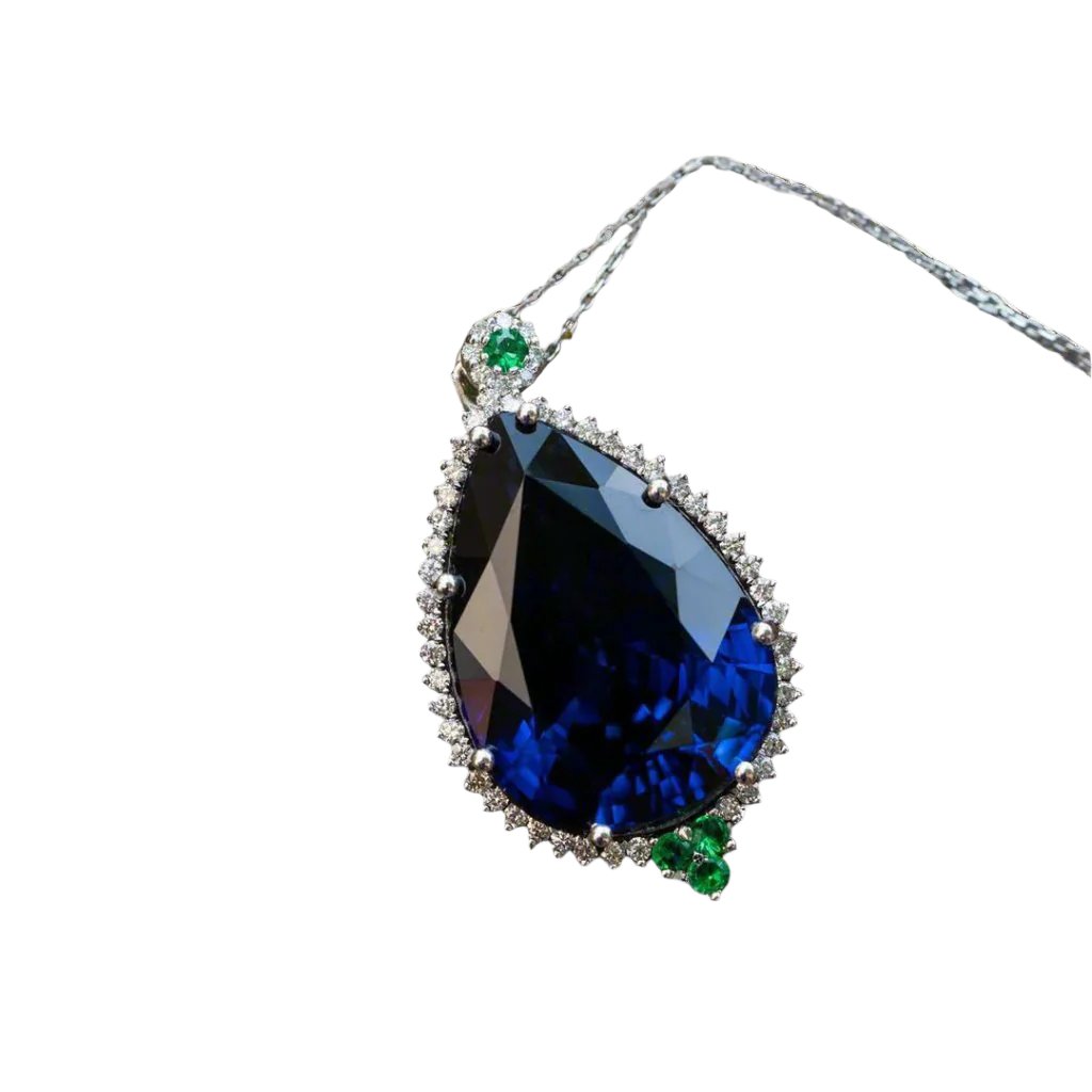 Apelle - White Gold (18K), Natural Diamond, Natural Sapphire and Natural Emeralds Pendant. Large sapphire, pear cut