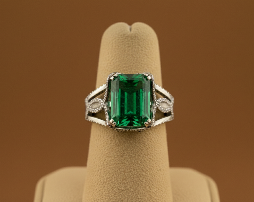 Salus, White Gold (18K) Ring, with natural Diamonds And natural Emerald