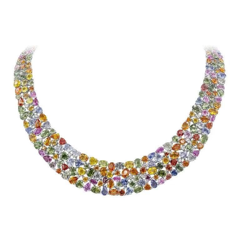 Cornelia - White Gold (18k) Necklace with Natural White Naturals Diamonds and Colored Naturals Sapphires