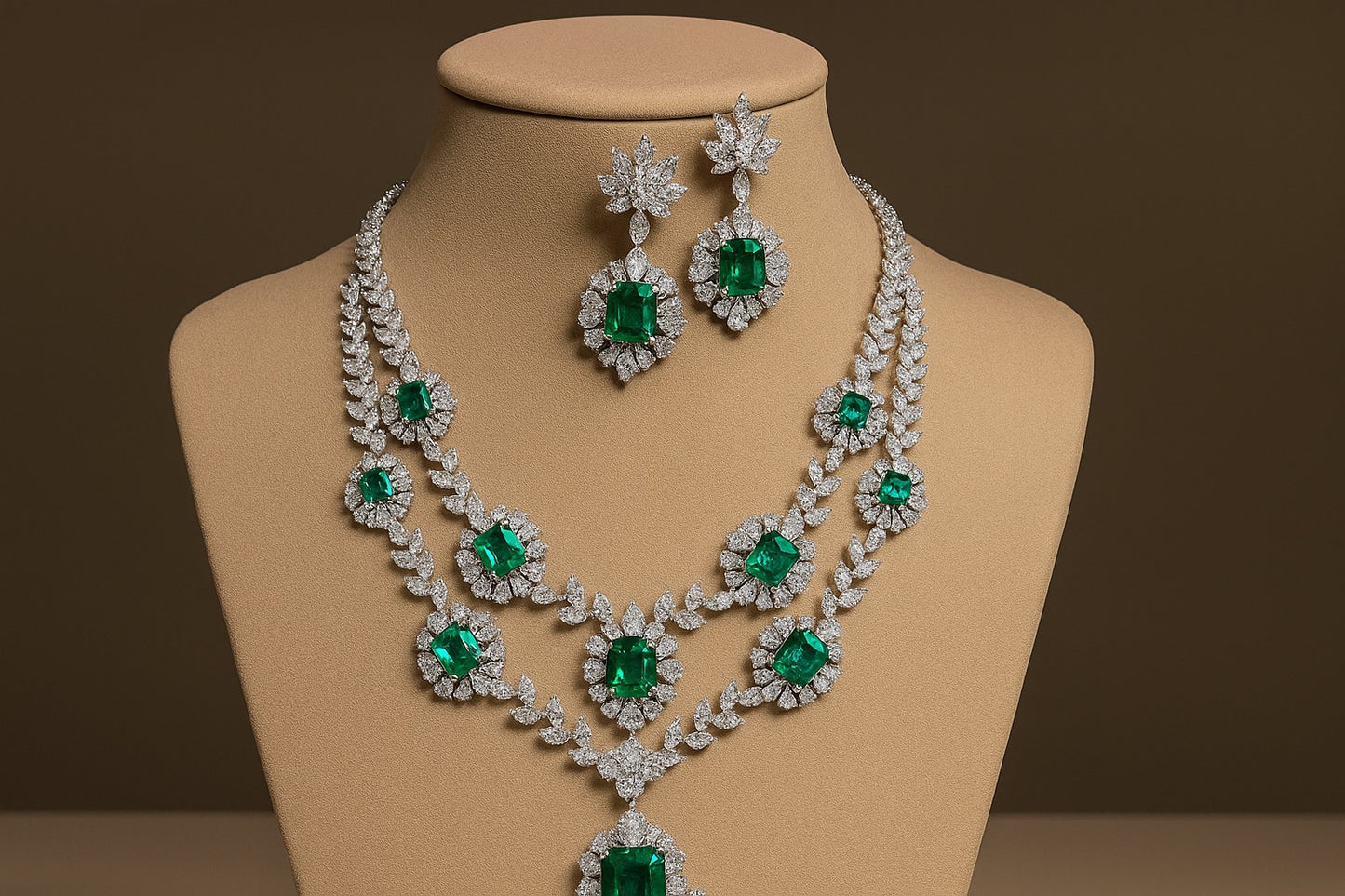 Aurelianus - Necklace and Earrings  White Gold( 18k) with Natural Diamonds and Natural Emeralds