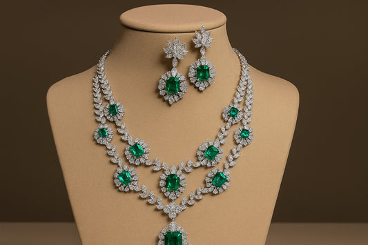 Aurelianus - Necklace and Earrings  White Gold( 18k) with Natural Diamonds and Natural Emeralds