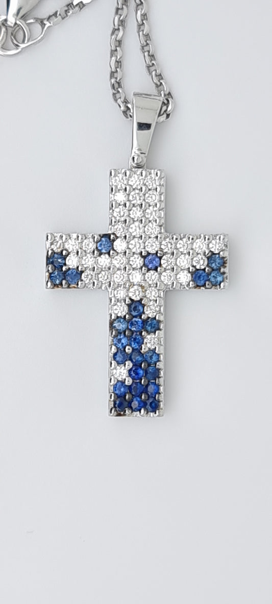 Aurelia - White gold (18K) necklace with cross-shaped pendant, with Natural Diamonds and Natural Sapphires