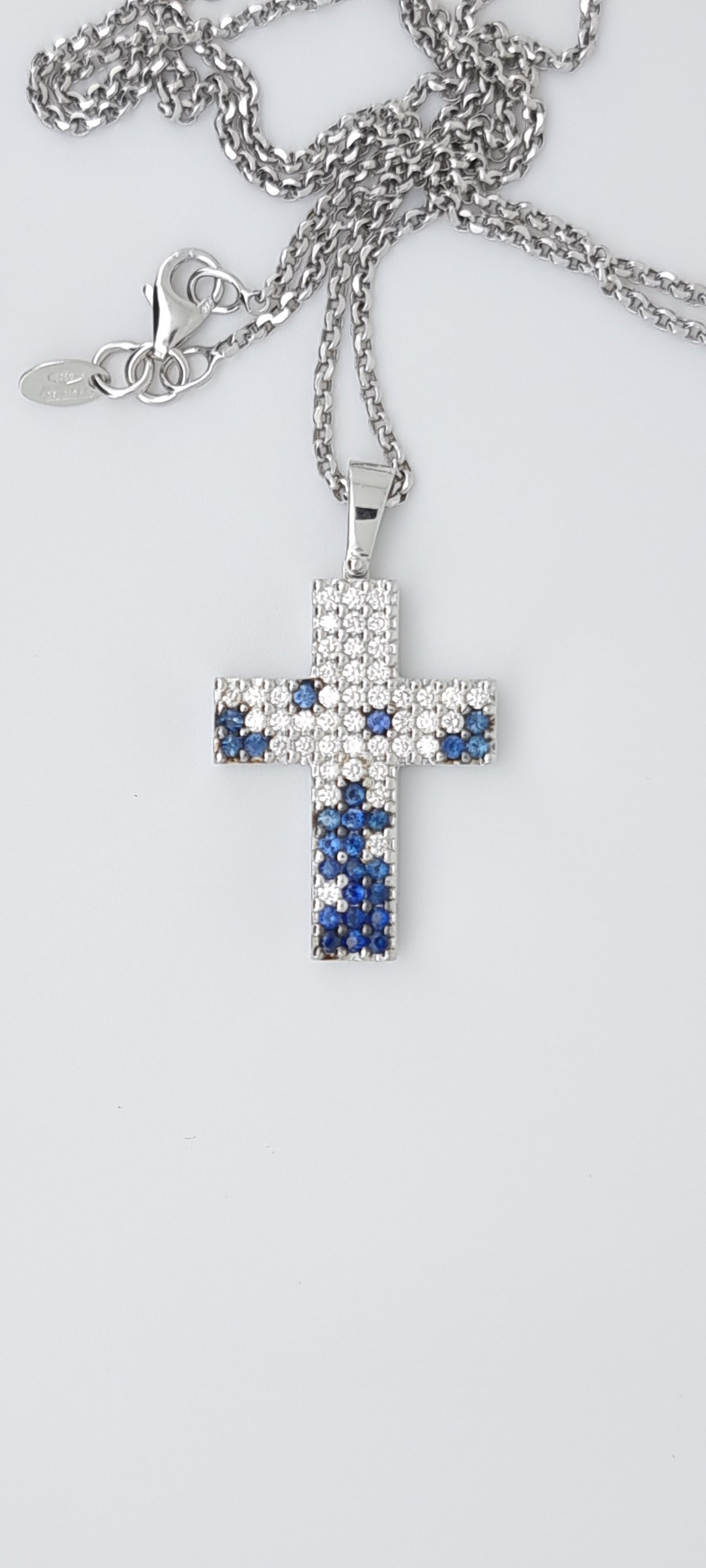 Aurelia - White gold (18K) necklace with cross-shaped pendant, with Natural Diamonds and Natural Sapphires