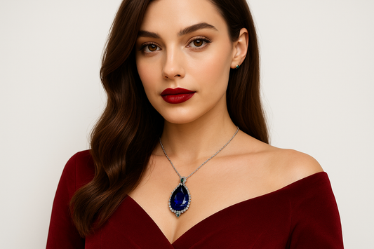 Apelle - White Gold (18K), Natural Diamond, Natural Sapphire and Natural Emeralds Pendant. Large sapphire, pear cut