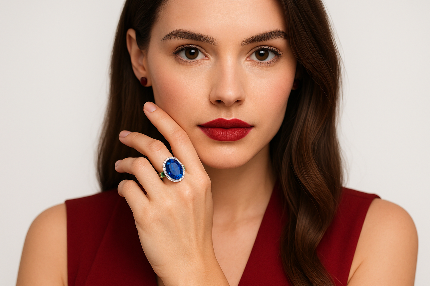 Eudossia - Ring with Natural Oval Sapphire (diffused), Royal Blue, (18K) white gold, natural diamonds and natural emeralds