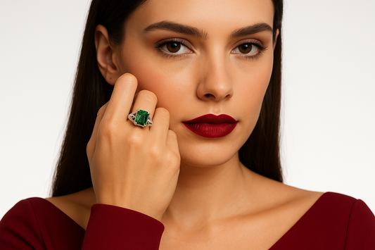 Salus, White Gold (18K) Ring, with natural Diamonds And natural Emerald