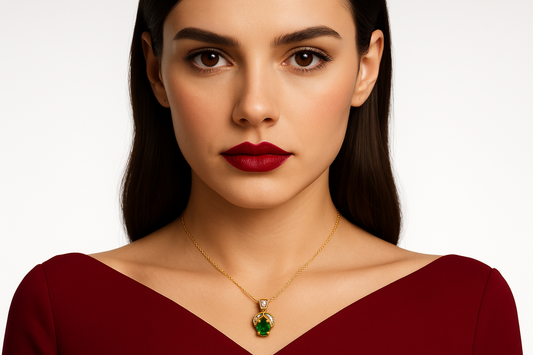 Prisca - White Gold (18K) Pendant, with Natural Diamonds and Natural Emerald