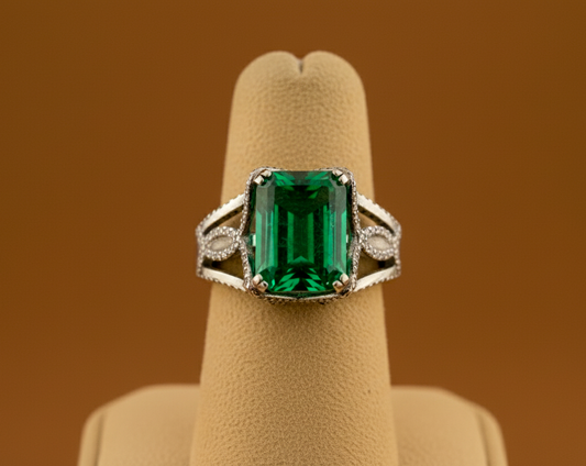 Salus, White Gold (18K) Ring, with natural Diamonds And natural Emerald