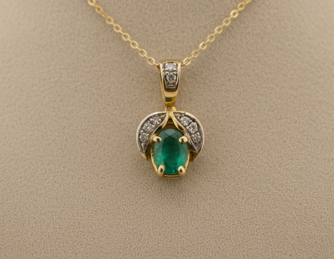 Prisca - White Gold (18K) Pendant, with Natural Diamonds and Natural Emerald